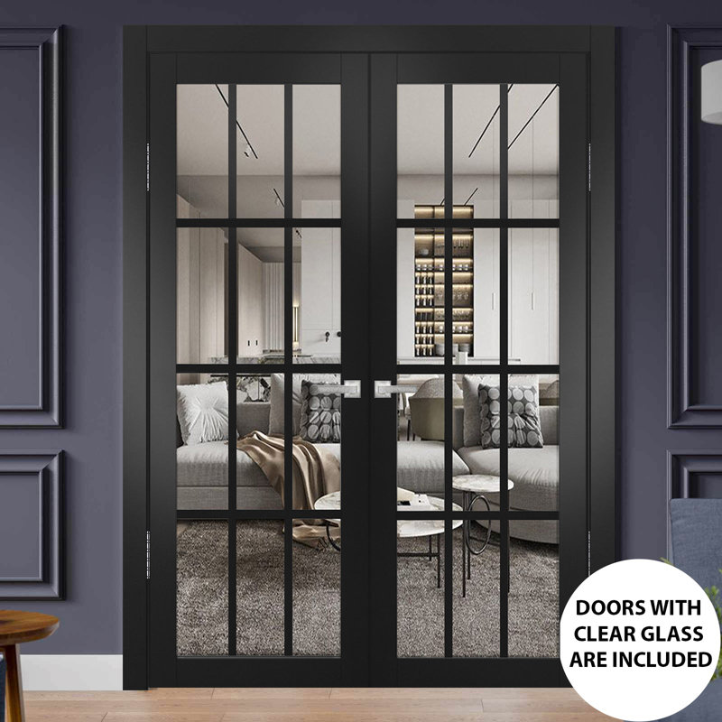 SARTODOORS Felicia Clear Glass Wood French Black Doors & Reviews Wayfair